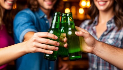 Cheerful friends raising green beer bottles, toasting together in cozy pub setting during festive night out with warm camaraderie