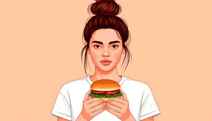 Pop art style female model gripping gourmet cheeseburger, featuring fresh lettuce and tomato, vibrant light orange background, ideal for culinary graphic design