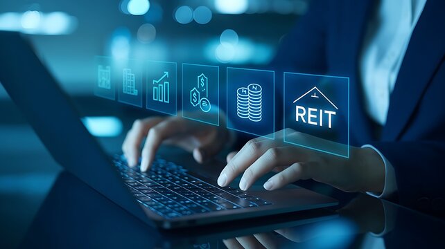 Person typing on laptop with financial icons and R E I T symbol