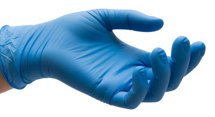 A blue nitrile glove on a hand with fingers extended against a black background   ai generative, transparent background, white background.