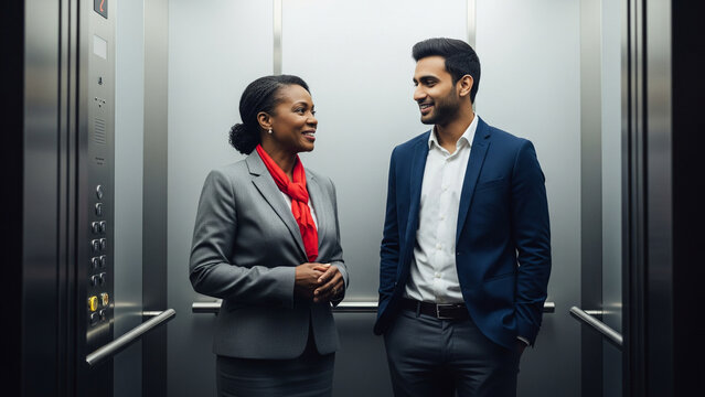 Friendly conversation between diverse colleagues inside an elevator in a modern office
