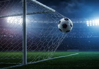 soccer ball in goal net. success soccer ball into goal net with green field background.