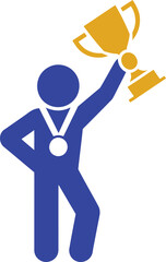 Blue stick figure holding a golden trophy and wearing a medal