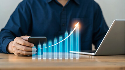 Businessman graph growth success technology finance digital laptop mobile office upward professional data analysis