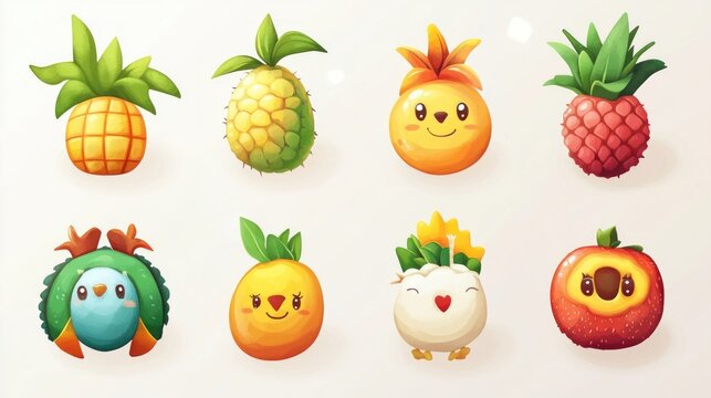 Hello Summer collection. Vector illustration of funny cartoon summer icons like fruits, exotic animals, and plants
