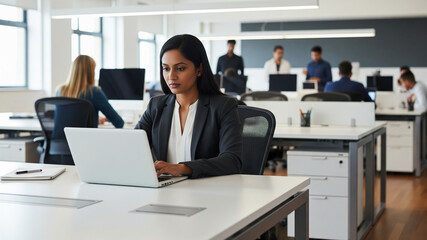 South Asian woman focusing on laptop at an open desk in a contemporary office setting