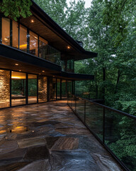 Modern house design surrounded by lush greenery in the evening