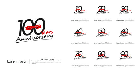 Set of 10-100th years anniversary celebration emblem. congratulations anniversary calligraphy logo isolated with red ribbon on white background. vector illustration template design for web banner
