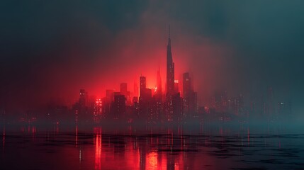 City Skyline at Night with Red Glow Reflecting in Water