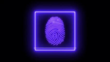 Neon fingerprint scanner animation on black background, neon glowing Fingerprint QR code scanner animated. 4k video, Scanning the QR code icon animation, - Powered by Adobe