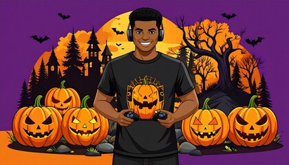 A man plays video games in a Halloween scene