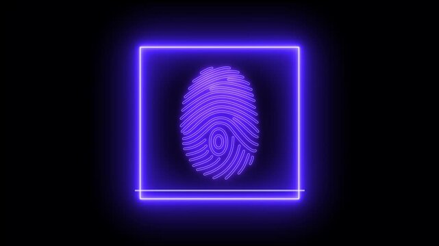 Neon fingerprint scanner animation on black background, neon glowing Fingerprint QR code scanner animated. 4k video, Scanning the QR code icon animation, - Powered by Adobe