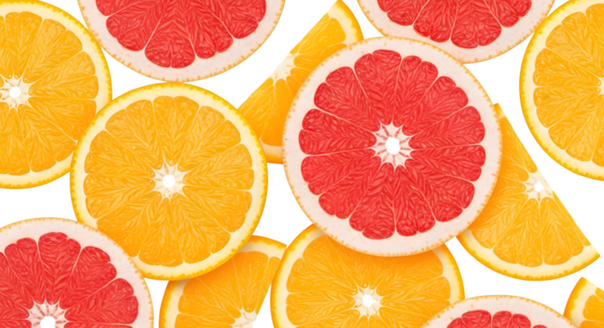 A vibrant display of grapefruit and orange slices arranged in a close up view shot ai generative, transparent background, white background.
