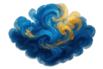 Blue and gold abstract cloud swirling, creating a dynamic and ethereal effect on transparent background