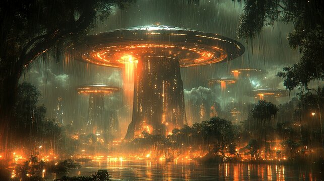 Illuminated futuristic city, nestled in a rain-soaked forest, with hovering spacecraft.