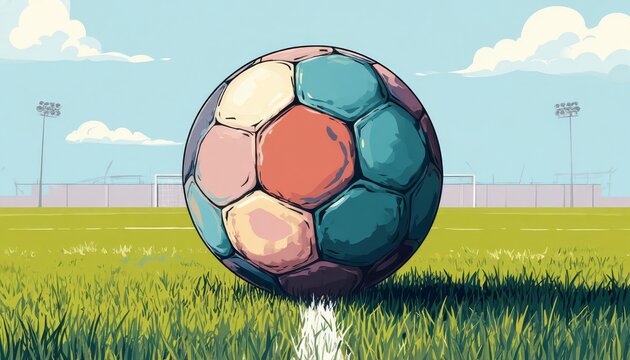 Colorful soccer ball resting on pristine grass field, stadium lights illuminating goal area, capturing pre game anticipation and sporting energy