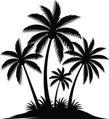 Tropical Palm Trees Silhouette Vector Illustration featuring a group of palm trees on a small island perfect for summer vacation or tropical themed designs and