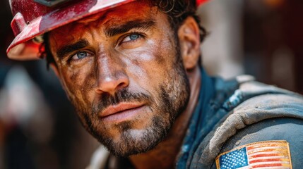 A rugged worker with a determined expression and soiled face.