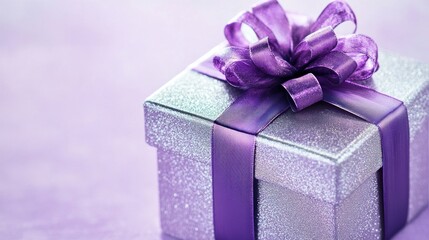 Obraz premium Purple glitter gift box with satin ribbon, elegant holiday present on lavender background, shimmering luxury gift for birthday or anniversary
