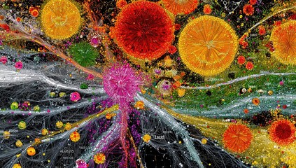 Abstract graphic with vibrant circular patterns, radiating lines, and grayscale network