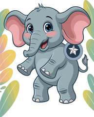Cute cartoon baby elephant with medal, happy jungle animal character, smiling wildlife illustration, kids vector design, adorable standing pose