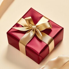 Fototapeta premium Elegant red gift box with gold satin ribbon, luxury holiday present on beige background, festive celebration surprise for Christmas or anniversary