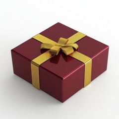 Fototapeta premium Rustic brown paper gift box with red satin ribbon, elegant holiday present on dark wooden background, top view of wrapped surprise package