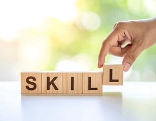 Businessman hand holding wooden cube block with SKILL business word on table background