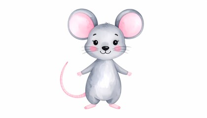 watercolor baby mouse character cheerfully smiling. Hand painted watercolour graphic drawing on white background