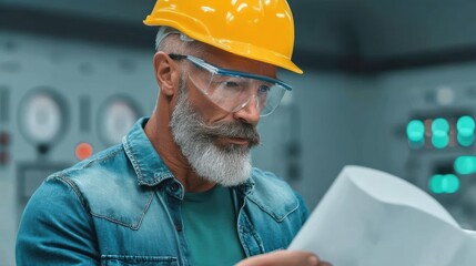 Dedicated Engineer in a Yellow Hard Hat Studying Architectural Blueprints with Precision and Care in a Professional Setting