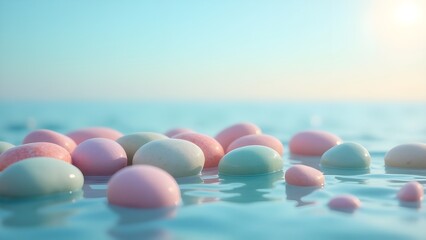 Delicately Colored Polished Pebbles Adrift on Peaceful Blue Waters