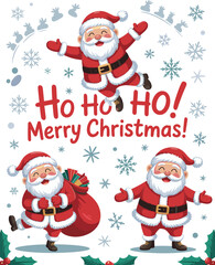 Cute cartoon Santa Claus characters celebrating Christmas with snowflakes and gifts, joyful holiday scene for festive greeting cards