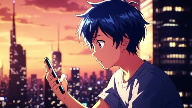 Anime boy looking at phone at sunset city view