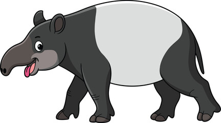 Funny cartoon tapir character walking with tongue out perfect for children’s book, animal education, jungle wildlife and nature illustration
