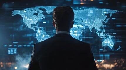 Businessman analyzing digital sales data and strategy growth with modern interface and global network connectivity.