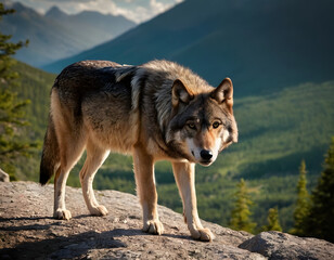 A lone wolf wanders in the mountains, struggling to survive. Beautiful background with text space. a grey wolf in the mountains.