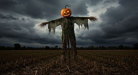 Spooky Cartoon Scarecrow with Jack-o'-lantern Head in a Field under Stormy Sky