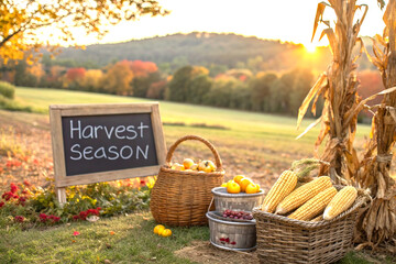 Golden corn and wicker baskets in warm autumn harvest landscape scene