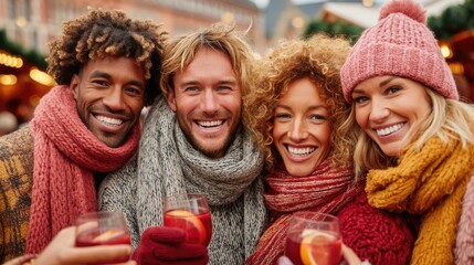 Four friends enjoying drinks at a festive outdoor gathering.
