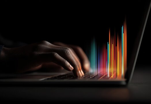 Hands typing on a laptop, colorful data bars projecting from the screen