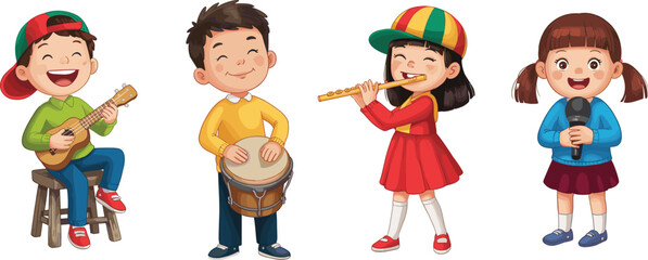 Happy cartoon kids playing musical instruments and singing with joy, colorful performance scene, fun childhood music education moment