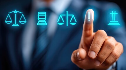 Legal concepts represented through digital interaction in a business setting.