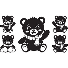 Set of cute teddy bear cartoon vector illustrations with brown toy animals and heart icons for children and gift designs