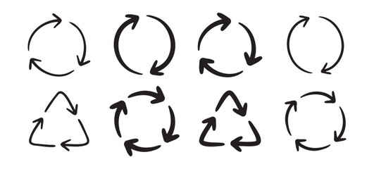 Recycle arrow icon or using recycling resources doodle hand drawn symbol. Outline drawing recycle arrow line clipart symbol