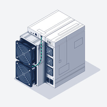 Big Bitcoin Miner. Application Specific Integrated Circuit. Antminer isometric view. Cryptocurrency mining equipment and hardware isolated on white. Vector Illustration