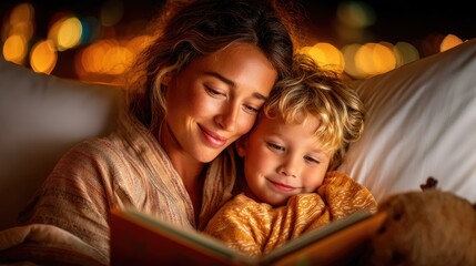 A mother reading a bedtime story to her child in a cozy setting.