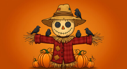 Image_fx (30).png A Delightful Autumnal Scene Featuring a Cartoon Scarecrow, Pumpkins, and Crows Against a Warm Orange Background