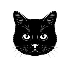 Black Cat Portrait: A striking monochrome line art illustration of a black cat's head, showcasing intense eyes and delicate whiskers against a white background.