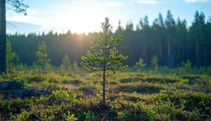 Single Young Tree at Sunset in Blurred Forest