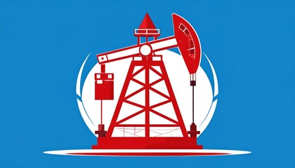 Red oil rig silhouette against a blue background with abstract design elements